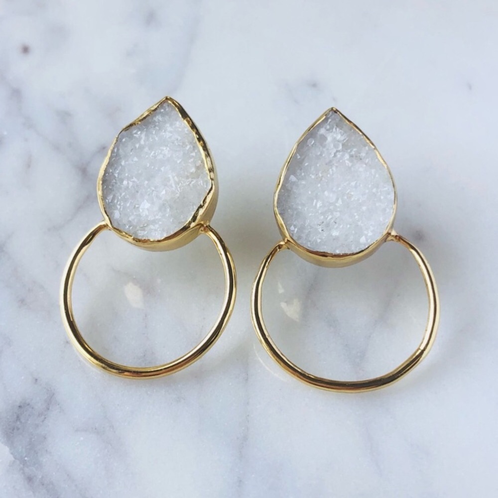 White Sugar Druzy Gold Earrings
